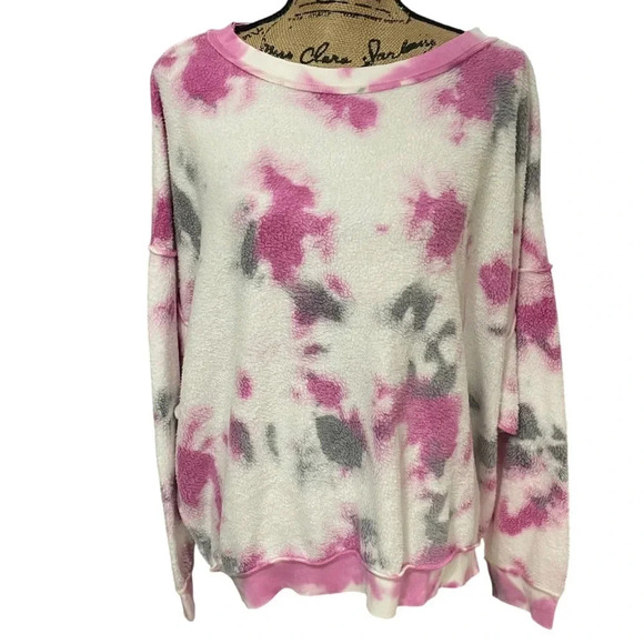Free People Tops - Free People Kelly Washed Tie Dye Sweatshirt Pink Grey Fuzzy Size Medium NWT